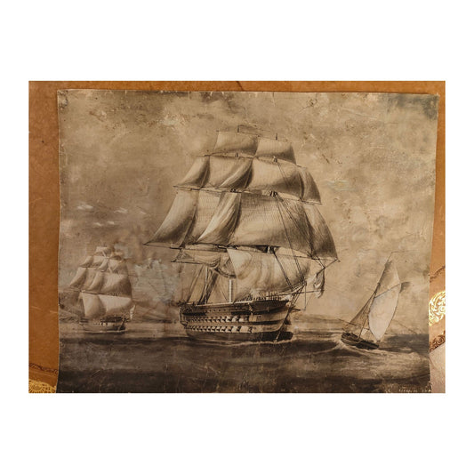 Dessin ancien Vaisseaux et voiliers d’Étienne Payen, fusain réhaussé sur papier, signé, non encadré. Belle œuvre marine du XIXᵉ siècle, rare et authentique.