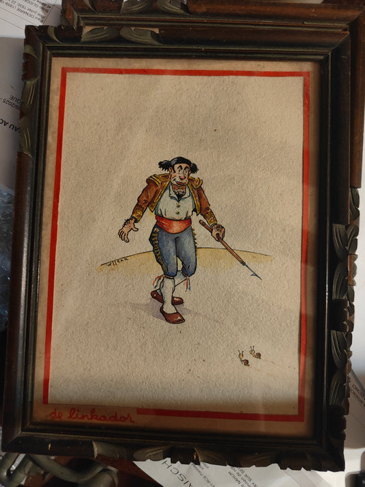 Dessin aquarellé original De Linkador de William Petit, dit Wilcar, signé et encadré, œuvre authentique pleine de mouvement et d’expression.