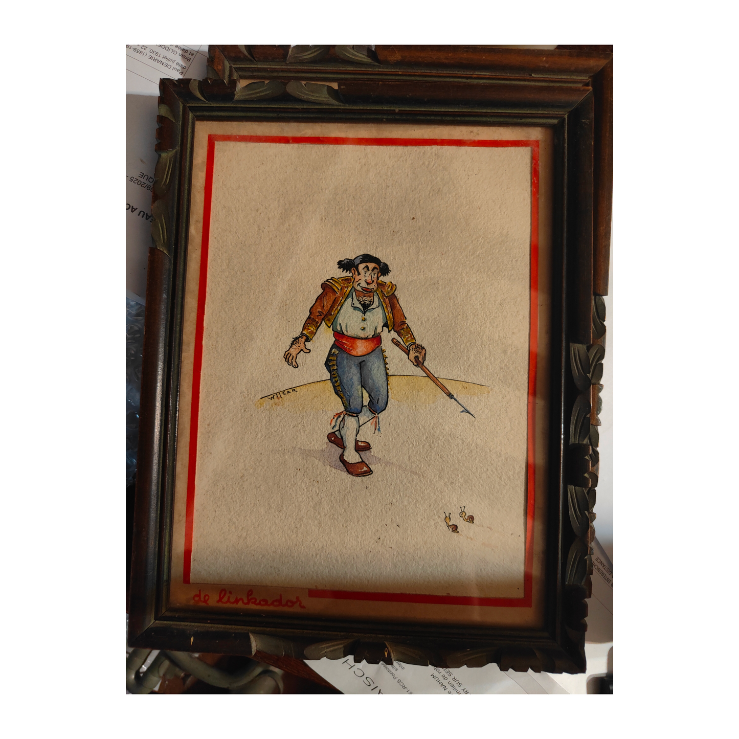 Dessin aquarellé original De Linkador de William Petit, dit Wilcar, signé et encadré, œuvre authentique pleine de mouvement et d’expression.