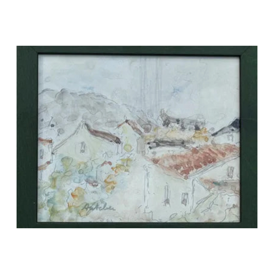 Dessin aquarellé original Un village d’Isaac Antcher, œuvre signée et encadrée, scène de village pleine de douceur et de poésie, idéale pour collectionneur.