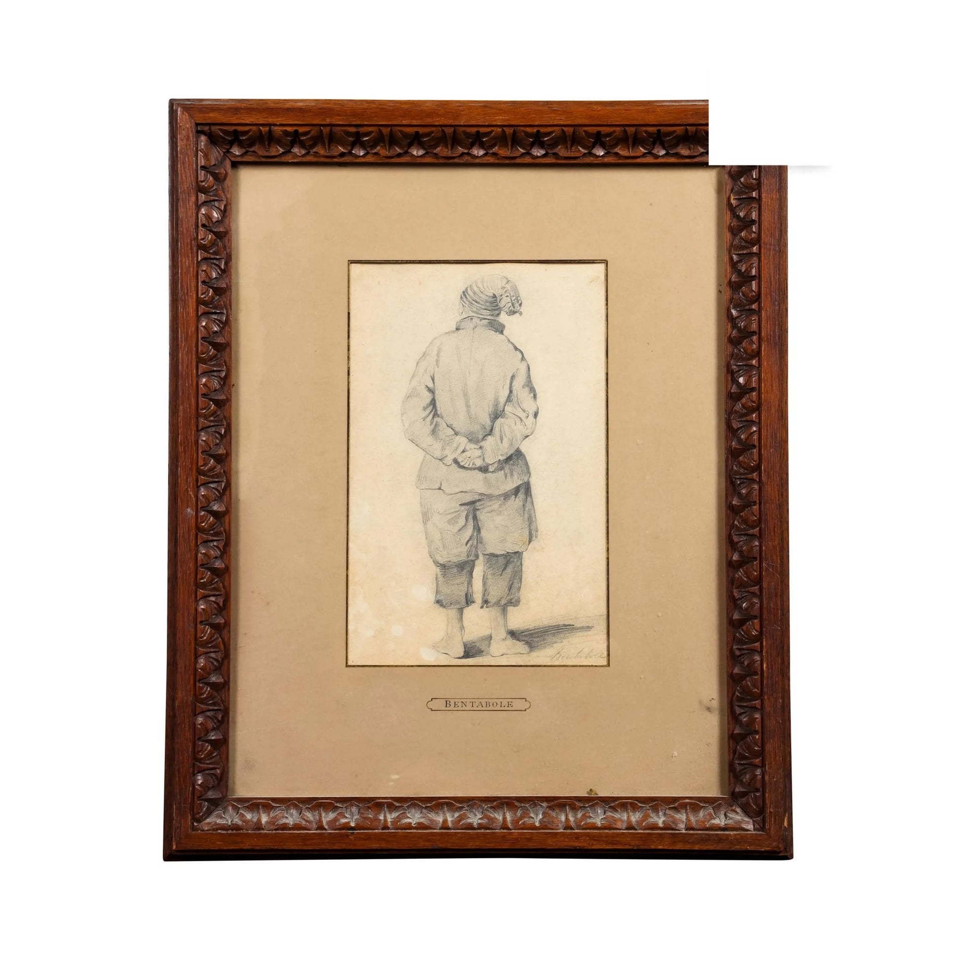 Dessin au crayon Marin vu de dos signé Louis Bentabole, œuvre du XIXᵉ siècle, délicatement encadrée, pièce rare et expressive idéale pour collectionneur.