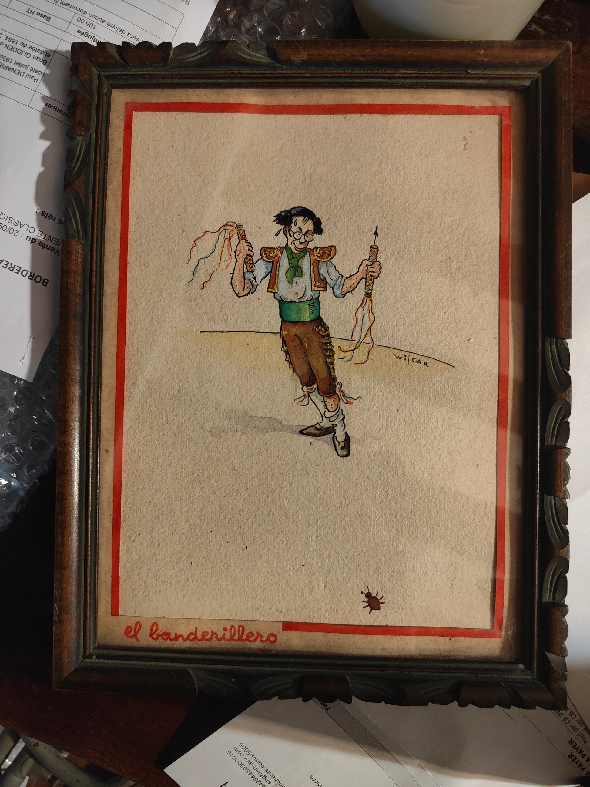Dessin original El Banderillero de Wilcar (William Petit), aquarellé et signé, encadré avec soin. Œuvre humoristique et expressive à collectionner.