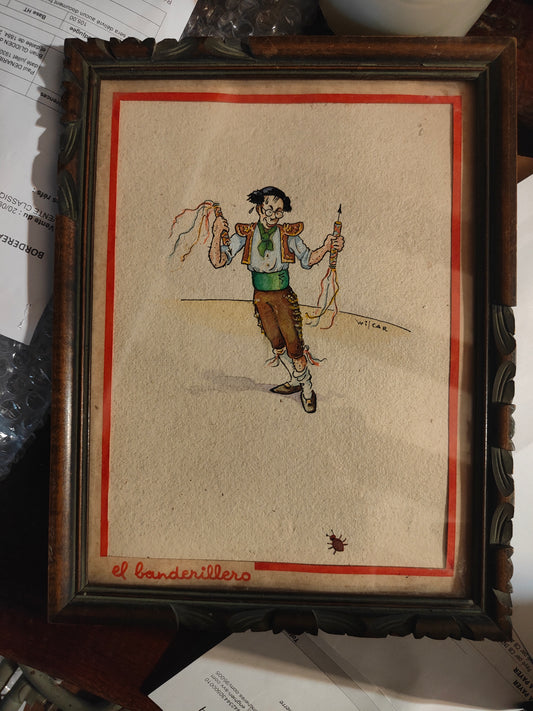 Dessin original El Banderillero de Wilcar (William Petit), aquarellé et signé, encadré avec soin. Œuvre humoristique et expressive à collectionner.