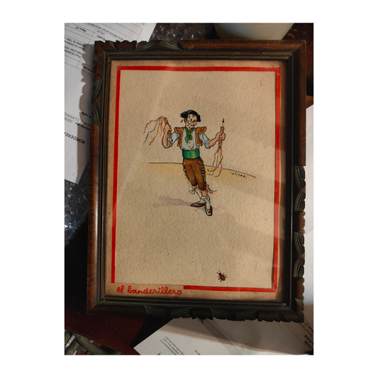 Dessin original El Banderillero de Wilcar (William Petit), aquarellé et signé, encadré avec soin. Œuvre humoristique et expressive à collectionner.