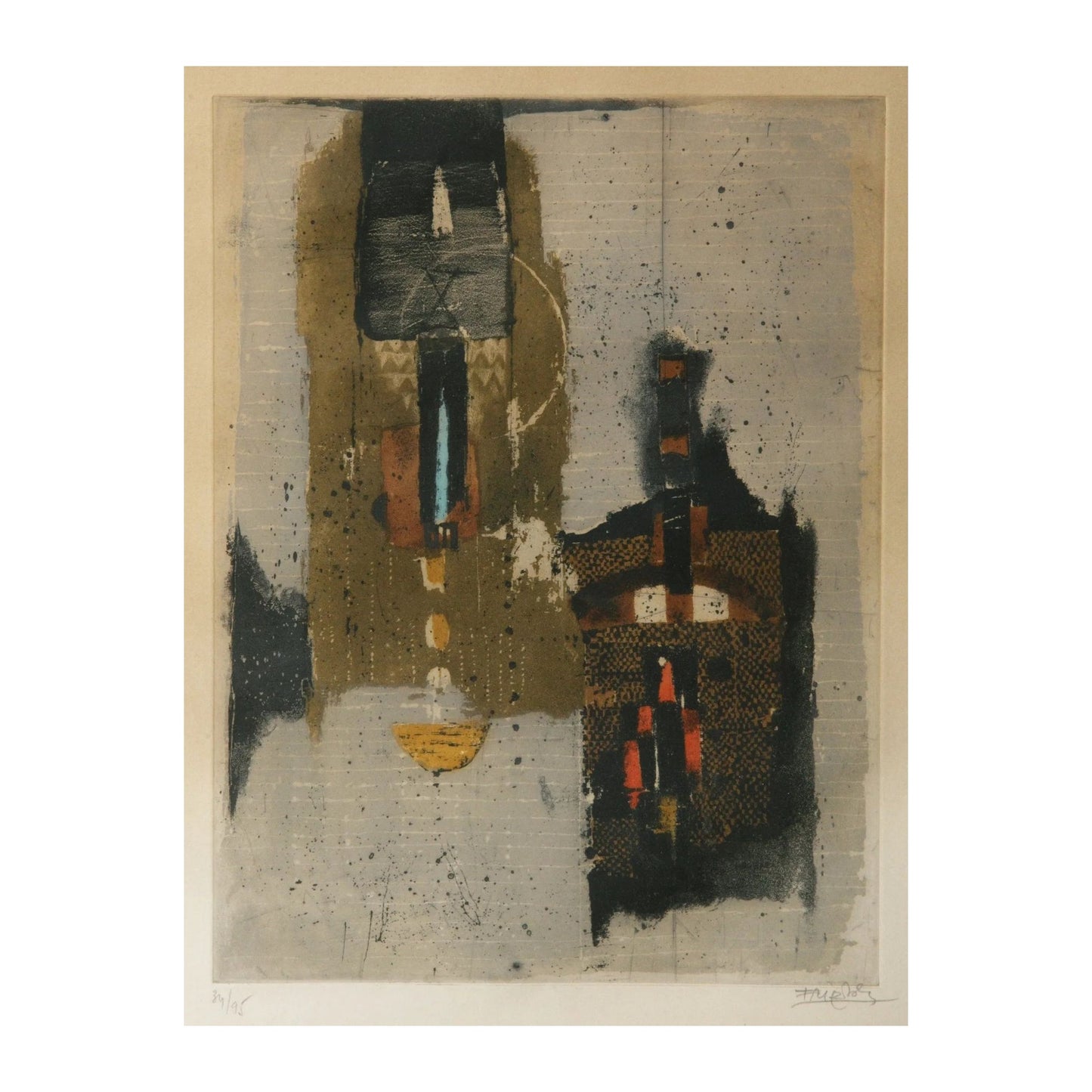 Eau-forte abstraite en couleurs de Johnny Friedlaender sur papier brun, signée et numérotée 34/95, estampe encadrée raffinée, œuvre recherchée de collection.