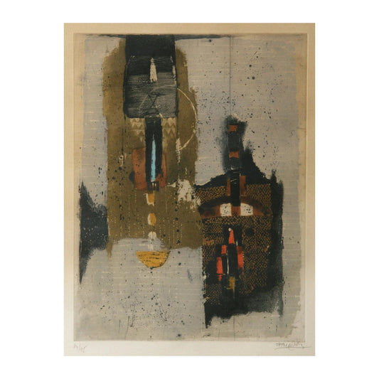 Eau-forte abstraite en couleurs de Johnny Friedlaender sur papier brun, signée et numérotée 34/95, estampe encadrée raffinée, œuvre recherchée de collection.