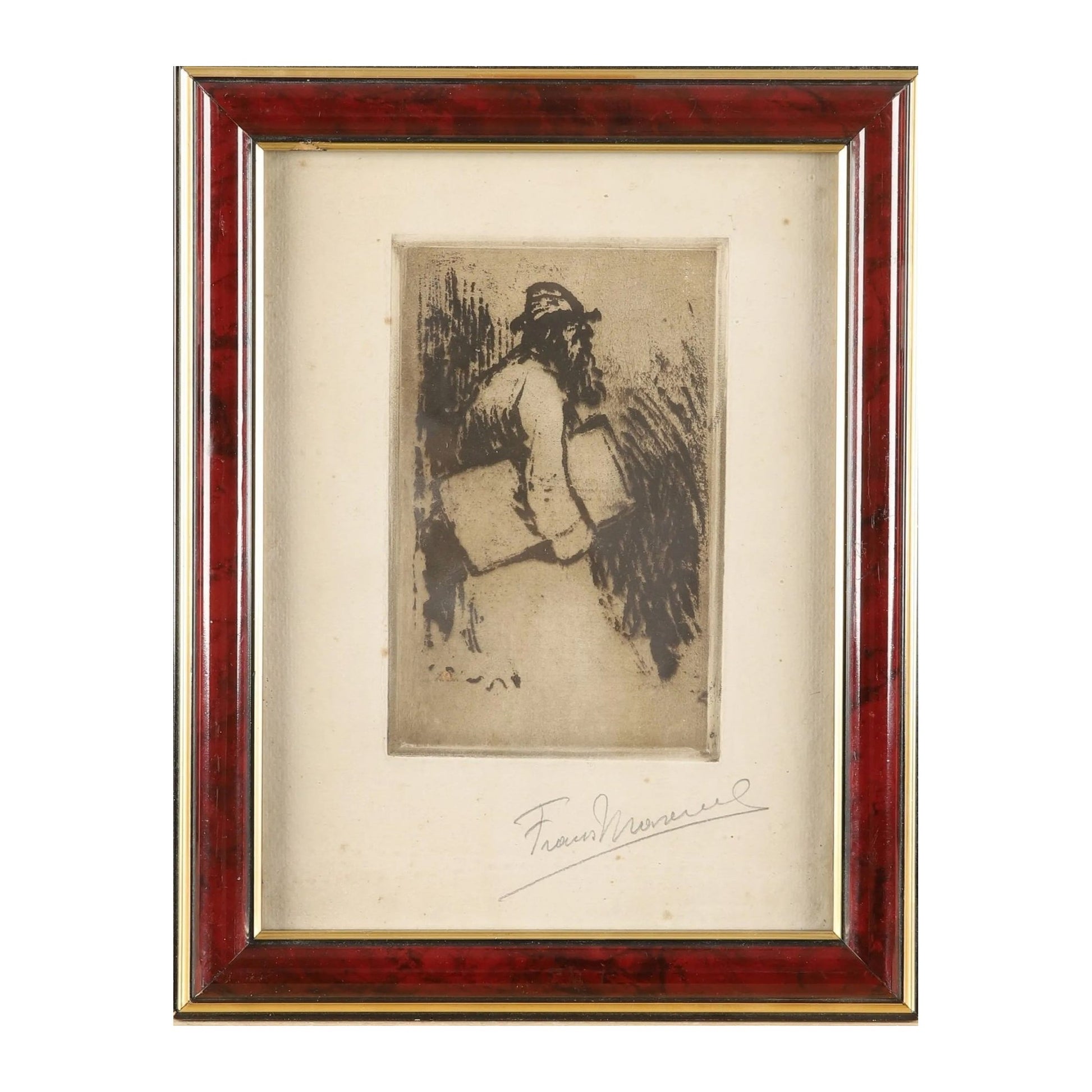 Eau-forte ancienne attribuée à Frans Masereel, inscription au crayon non conforme à sa signature habituelle, estampe encadrée sous verre, 25 × 17 cm.