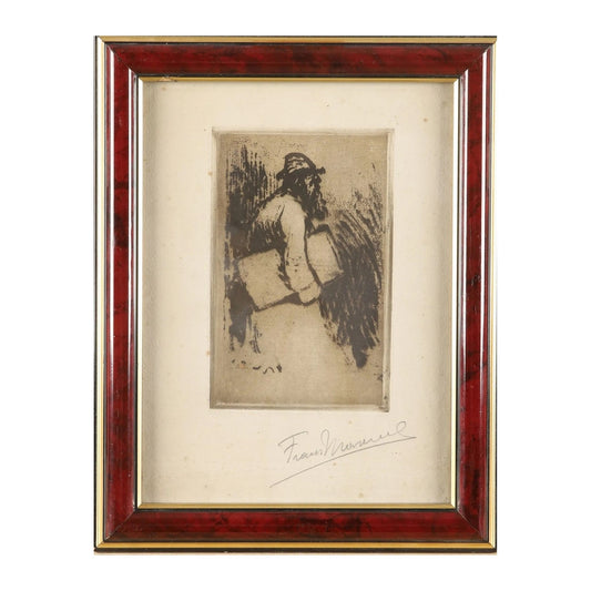 Eau-forte ancienne attribuée à Frans Masereel, inscription au crayon non conforme à sa signature habituelle, estampe encadrée sous verre, 25 × 17 cm.