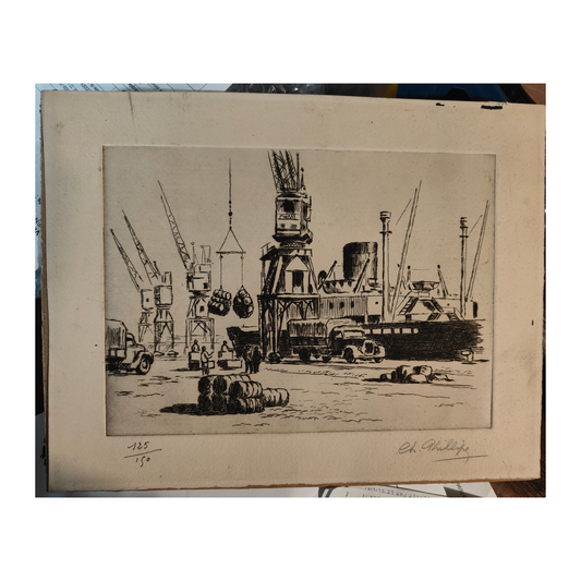 Eau-forte originale Déchargement au port de Charles Phillipe, signée et numérotée 125/150, scène maritime authentique à collectionner, format 21 × 27 cm.