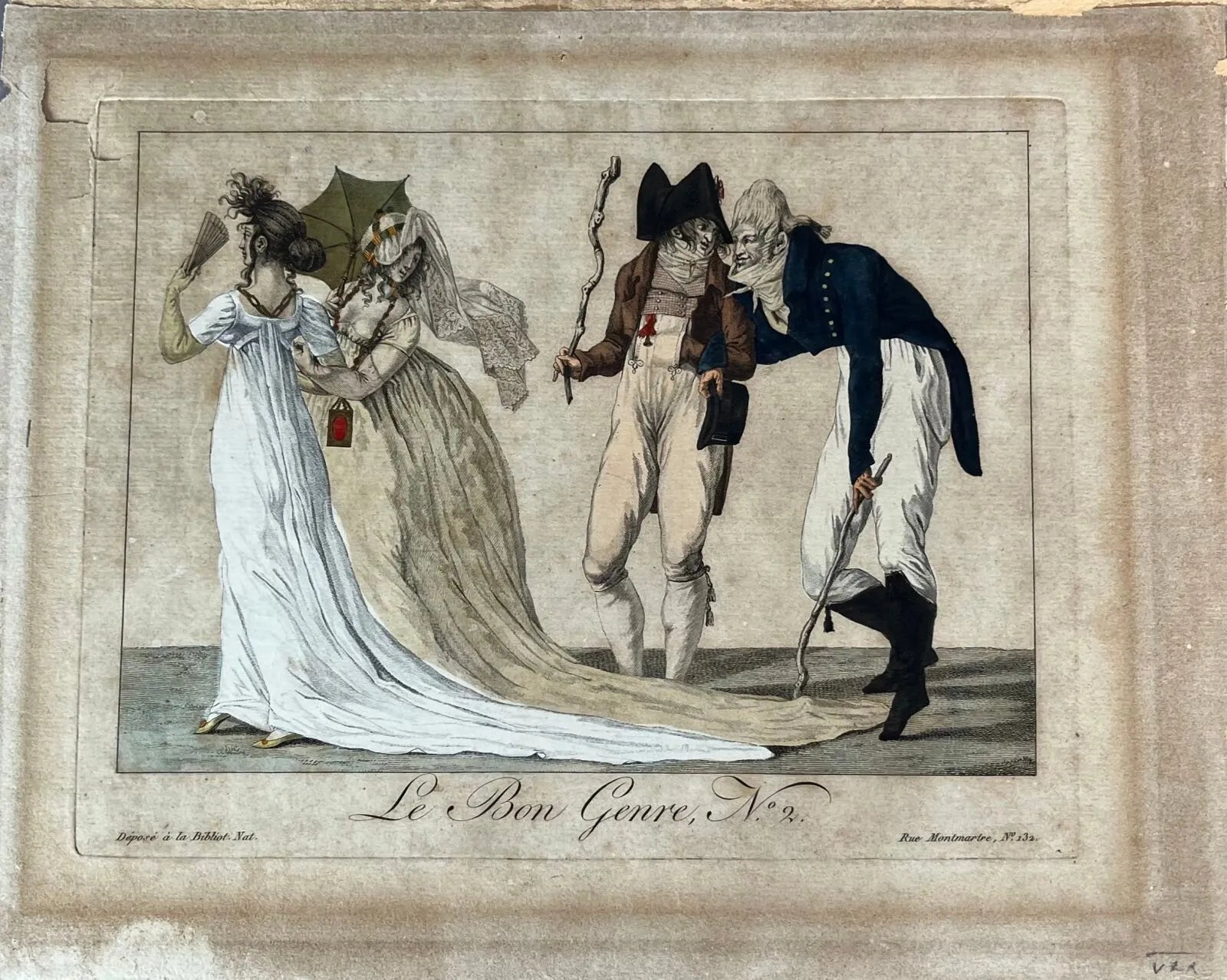 Gravure ancienne Le Bon Genre n°2 (1801), scène de mœurs colorée à la main, imprimée rue Montmartre puis rééditée en 1931, pièce rare et historique
