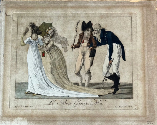 Gravure ancienne Le Bon Genre n°2 (1801), scène de mœurs colorée à la main, imprimée rue Montmartre puis rééditée en 1931, pièce rare et historique