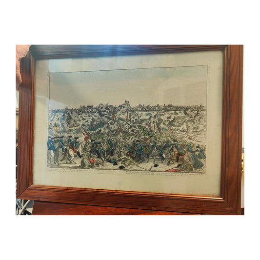 Gravure coloriée du XVIIIᵉ siècle par Louis-Joseph Mondhare représentant la bataille de Salvaterra (1762) menée par le Comte d’Aranda, œuvre rare encadrée.