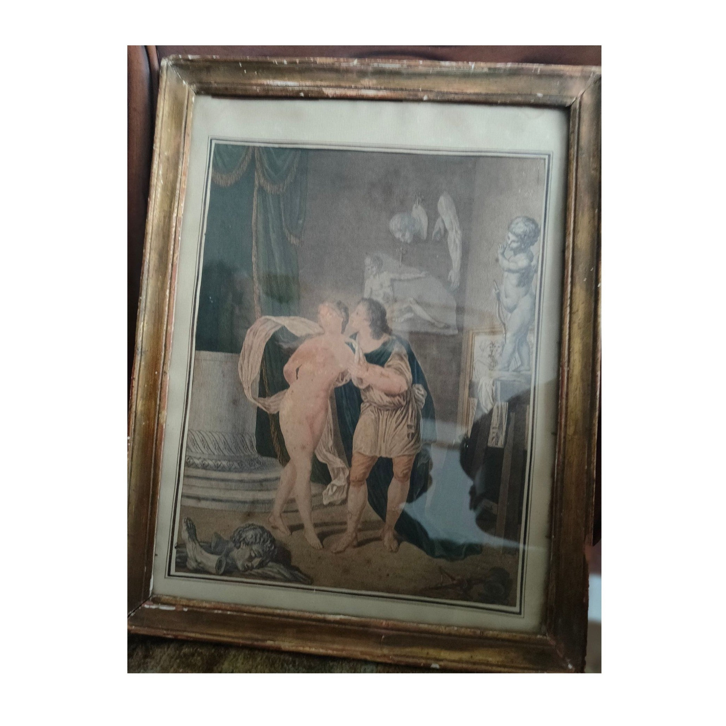 Gravure colorisée du XVIIIᵉ siècle Pygmalion et Galatée, estampe ancienne imprimée à Paris chez Vidal, élégamment encadrée sous verre, pièce mythologique rare.