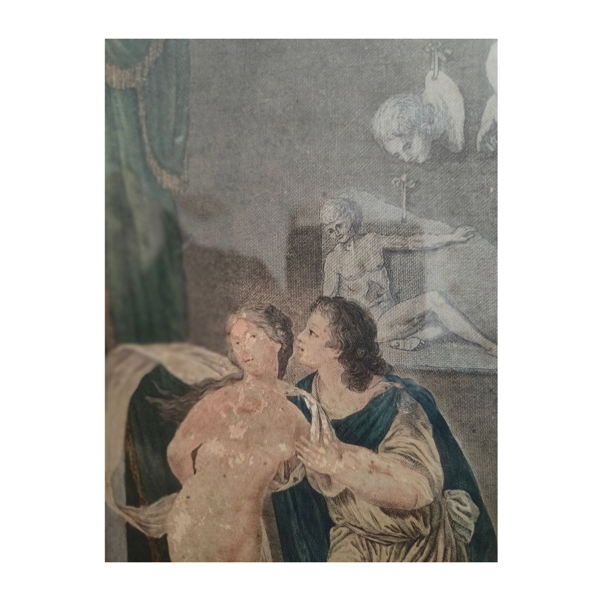 Gravure colorisée du XVIIIᵉ siècle Pygmalion et Galatée, estampe ancienne imprimée à Paris chez Vidal, élégamment encadrée sous verre, pièce mythologique rare.