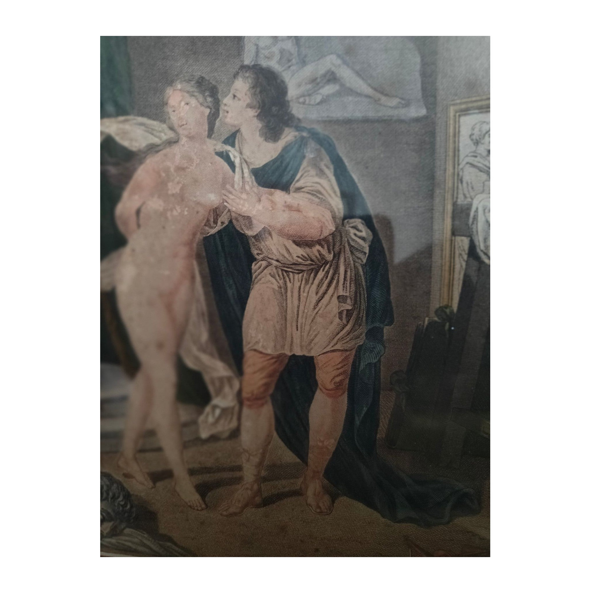 Gravure colorisée du XVIIIᵉ siècle Pygmalion et Galatée, estampe ancienne imprimée à Paris chez Vidal, élégamment encadrée sous verre, pièce mythologique rare.