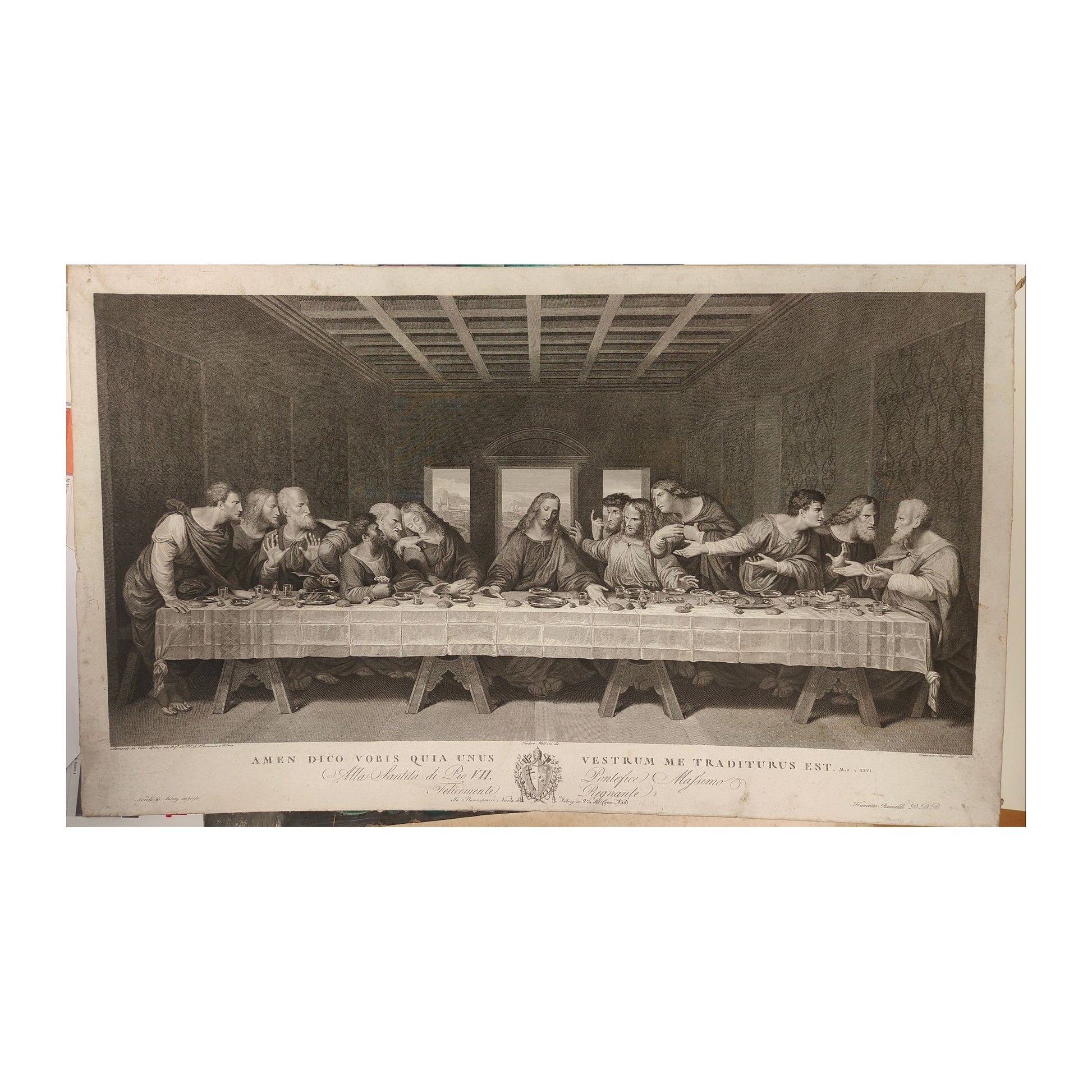 Gravure début XIXᵉ La Cène d’après Léonard de Vinci, dessin Matteini, gravure Rainaldi, impression Antonj à Rome, grande estampe contrecollée sur carton.