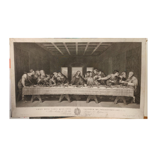 Gravure début XIXᵉ La Cène d’après Léonard de Vinci, dessin Matteini, gravure Rainaldi, impression Antonj à Rome, grande estampe contrecollée sur carton.