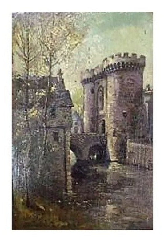 Huile sur panneau Chartres, la Porte Guillaume de Pierre Fleury, œuvre datée de 1931, scène architecturale authentique et expressive, non encadrée.