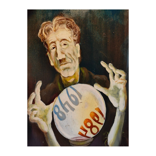 Huile sur panneau de bois représentant un portrait allégorique de George Orwell, inspiré du roman 1984, œuvre signée Richters, composition forte et symbolique.