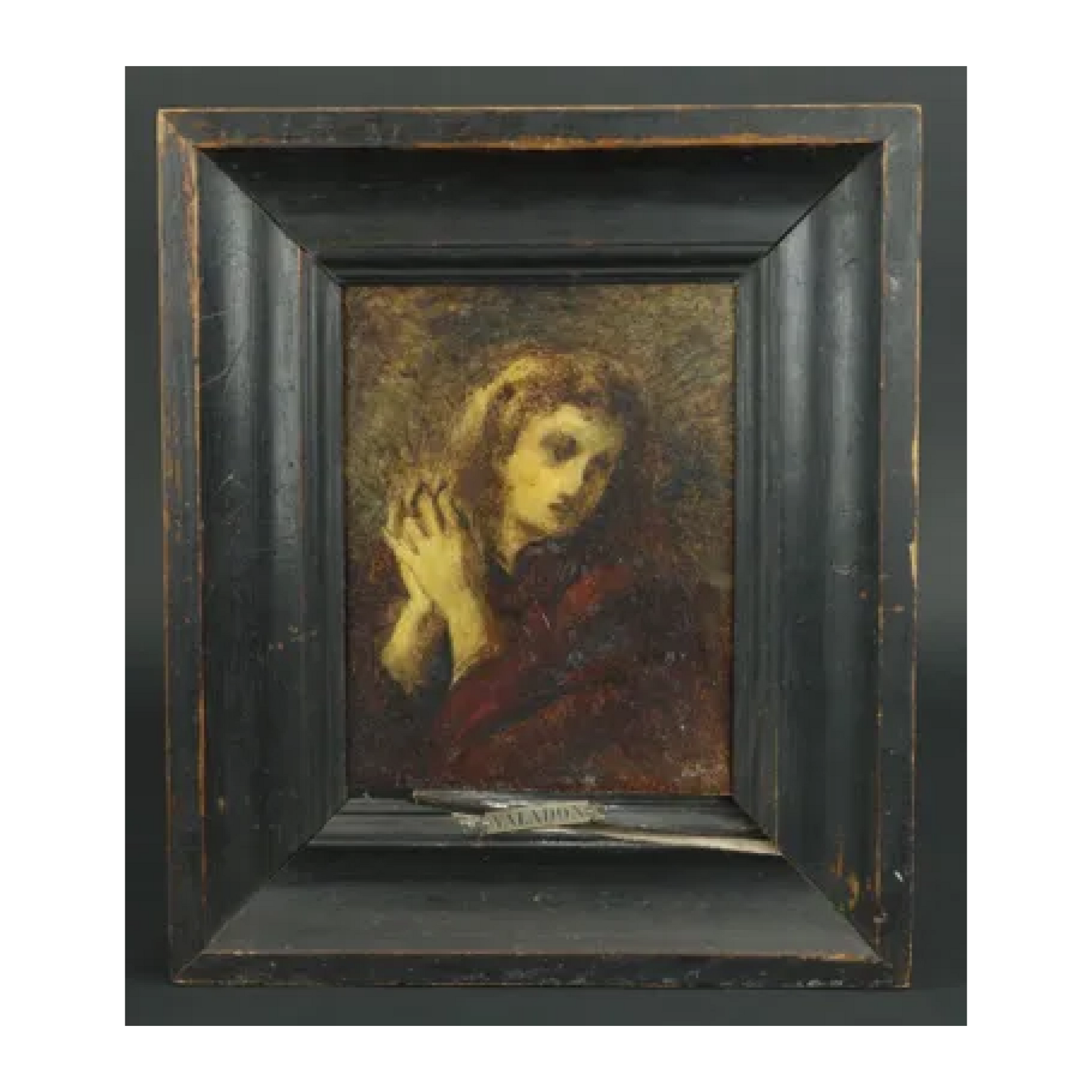 Huile sur panneau Âme inquiète attribuée à Jules Valadon, esquisse ou copie d’une œuvre du Musée d’Orsay, non signée mais encadrée avec cartouche nominatif.