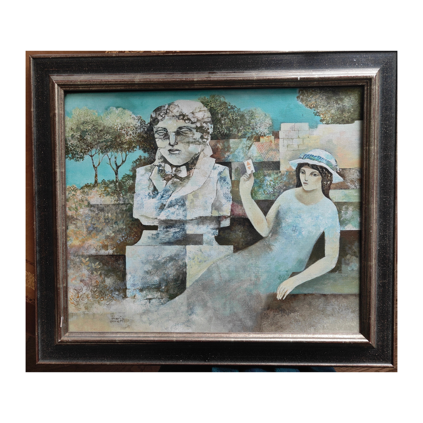 Huile sur toile Family Memory de Mario Doretti (1929–2013), œuvre signée et titrée au dos, peinture légèrement surréaliste élégamment encadrée, pièce originale.