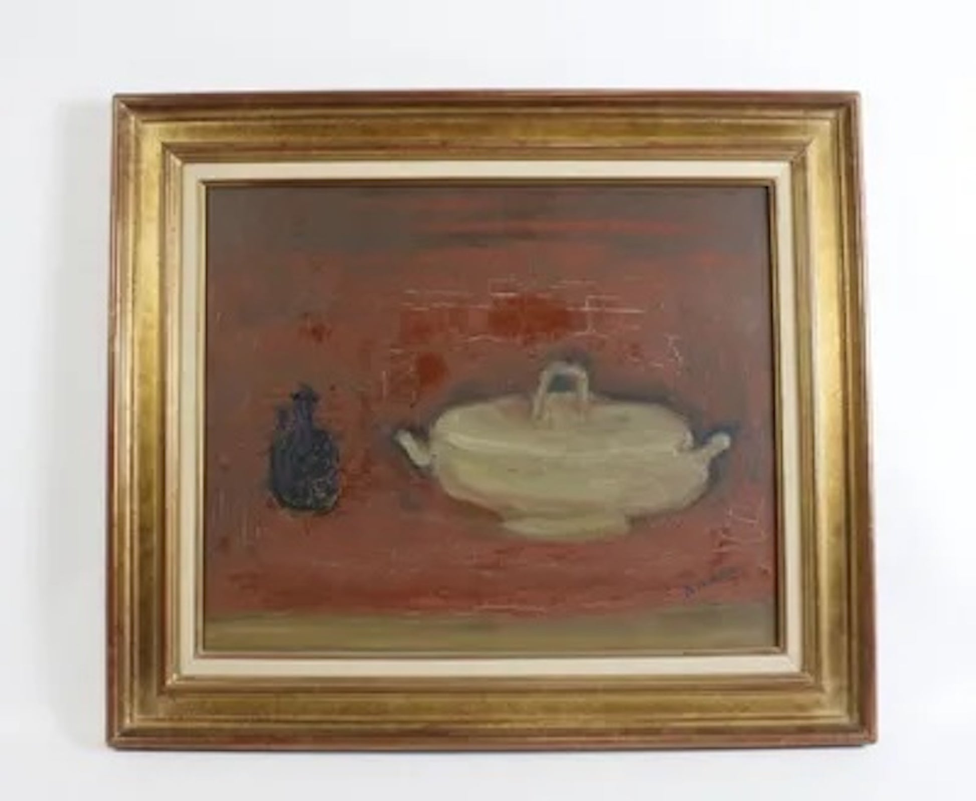 Huile sur toile Fond rouge de Zingaro Astolfon, signée en bas à droite et titrée/contresignée/datée au dos, œuvre intense et originale de 1984.