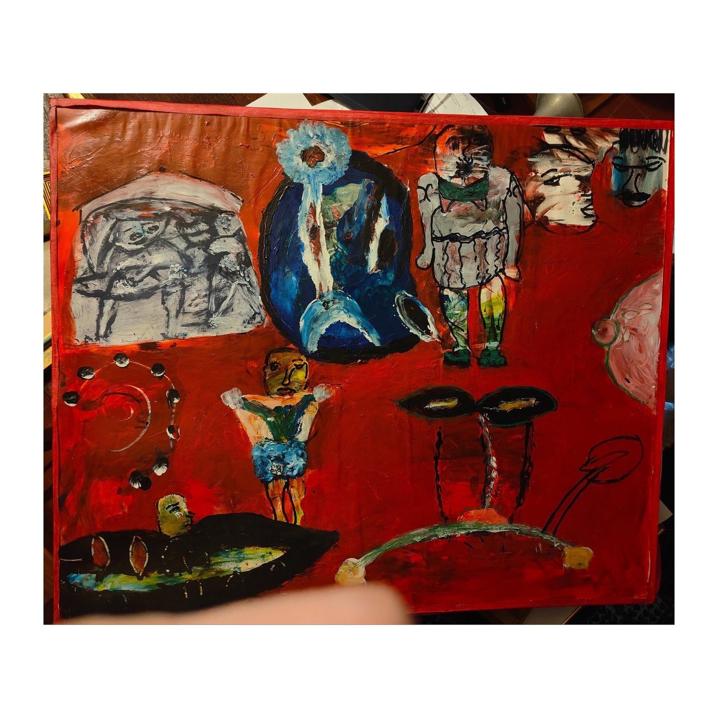 Huile sur toile Personnages sur fond rouge de Ramon Grimalt, œuvre signée aux couleurs intenses, format 60 × 72 cm, pièce forte et expressive à collectionner.