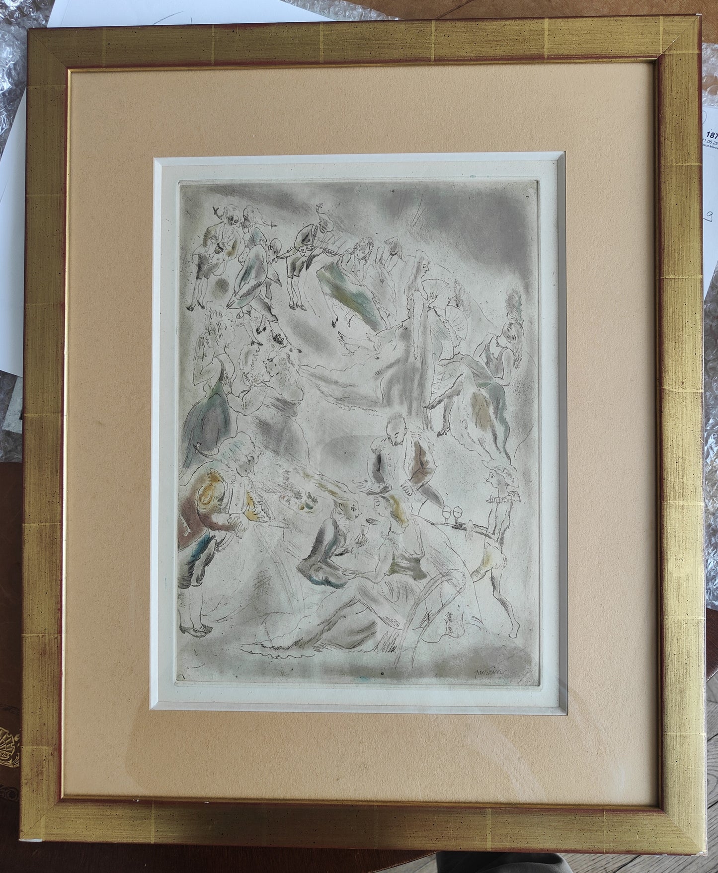 Gravure originale Au bal pour Charles Perrault, Cendrillon de Jules Pascin, eau-forte et pointe sèche en couleurs sur papier vélin, signée, encadrée élégamment.