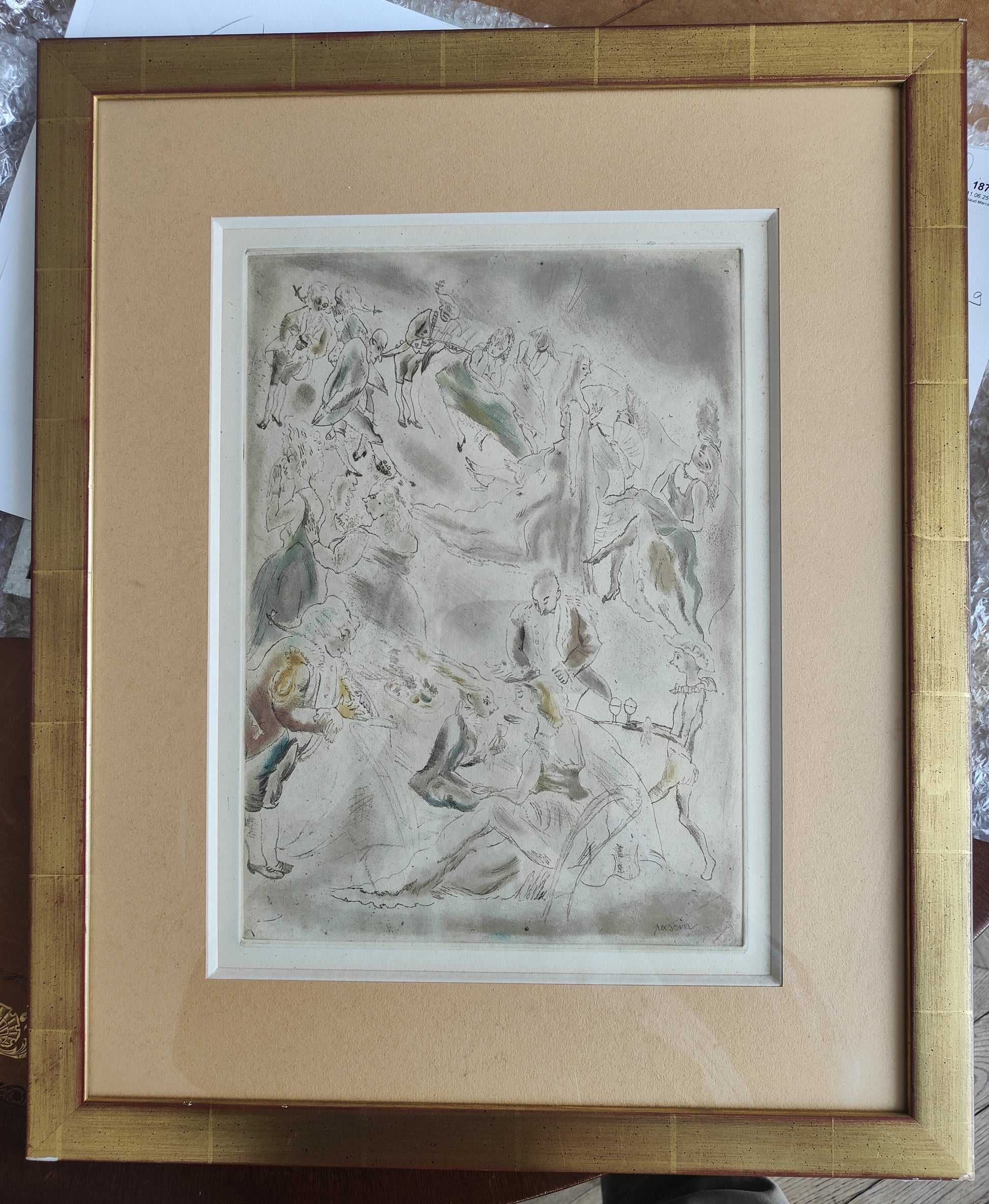 Gravure originale Au bal pour Charles Perrault, Cendrillon de Jules Pascin, eau-forte et pointe sèche en couleurs sur papier vélin, signée, encadrée élégamment.