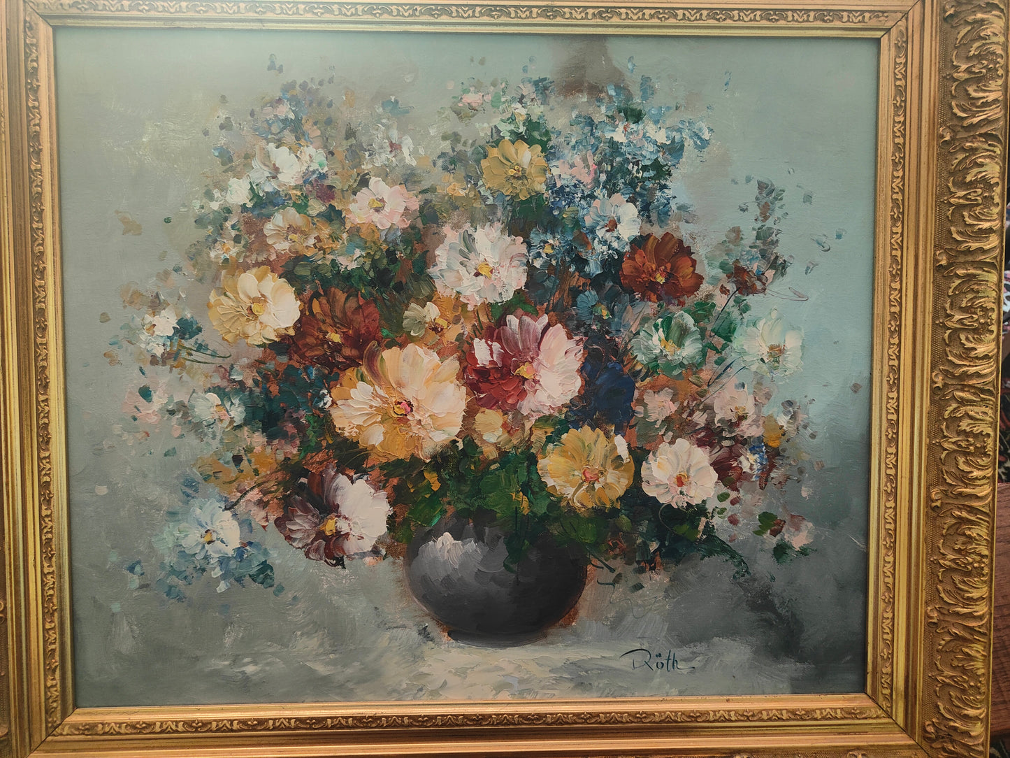 Bouquet de fleurs – huile sur toile, cadre doré, signé Röth”