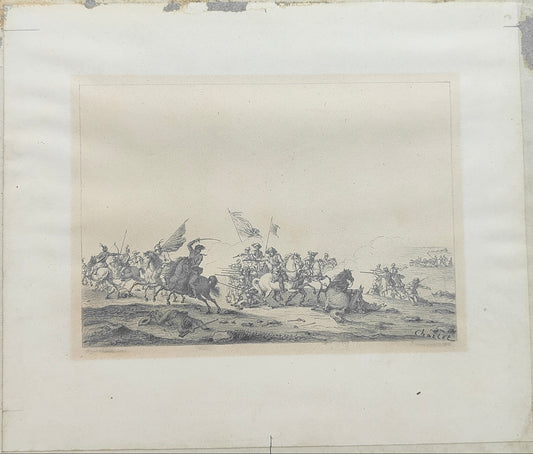 Nicolas-Toussaint CHARLET (1792-1845) – Choc de cavalerie contre les troupes russes (Cosaques et Bachkirs) – Dessin original au graphite.