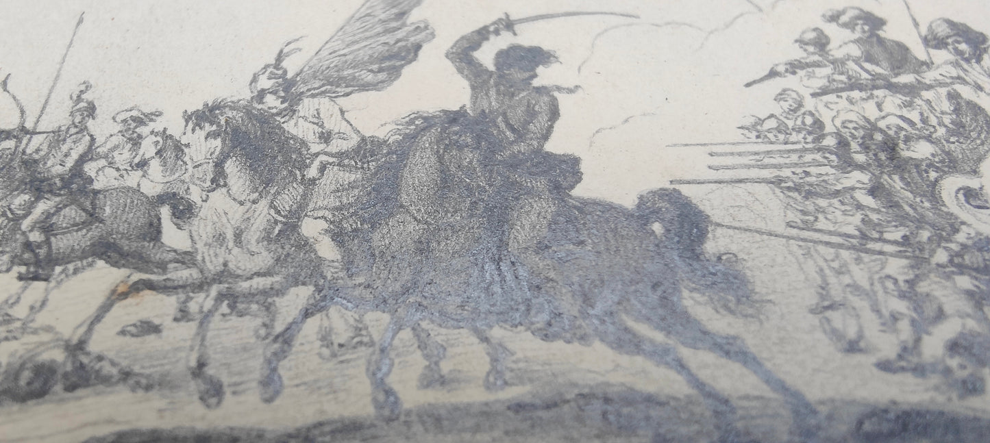 Nicolas-Toussaint CHARLET (1792-1845) – Choc de cavalerie contre les troupes russes (Cosaques et Bachkirs) – Dessin original au graphite.