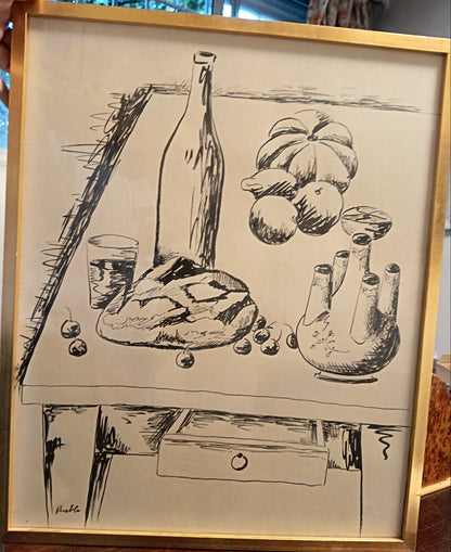 Le pain et le vin- encre de chine- Pueblo (André FAURIE 1911-1999),