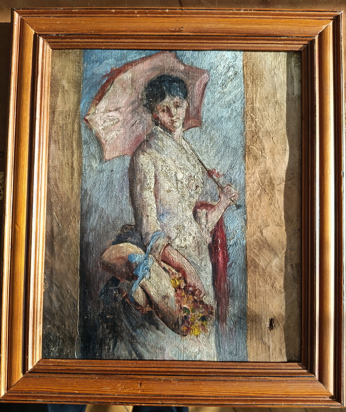 femme à l'ombrelle et aux fleurs-huile sur toile non signée