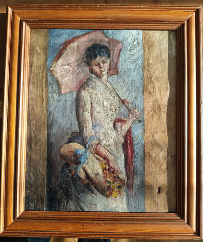 femme à l'ombrelle et aux fleurs-huile sur toile non signée