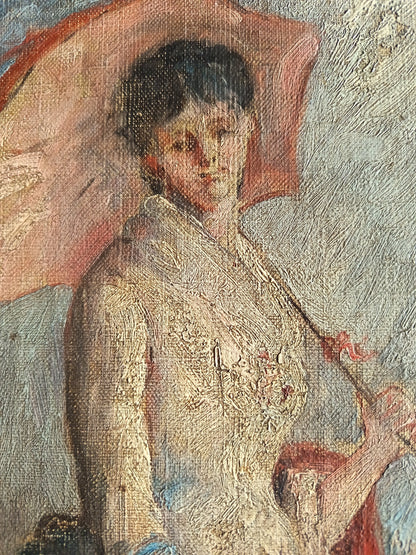 femme à l'ombrelle et aux fleurs-huile sur toile non signée