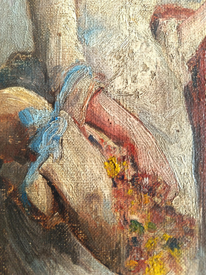 femme à l'ombrelle et aux fleurs-huile sur toile non signée