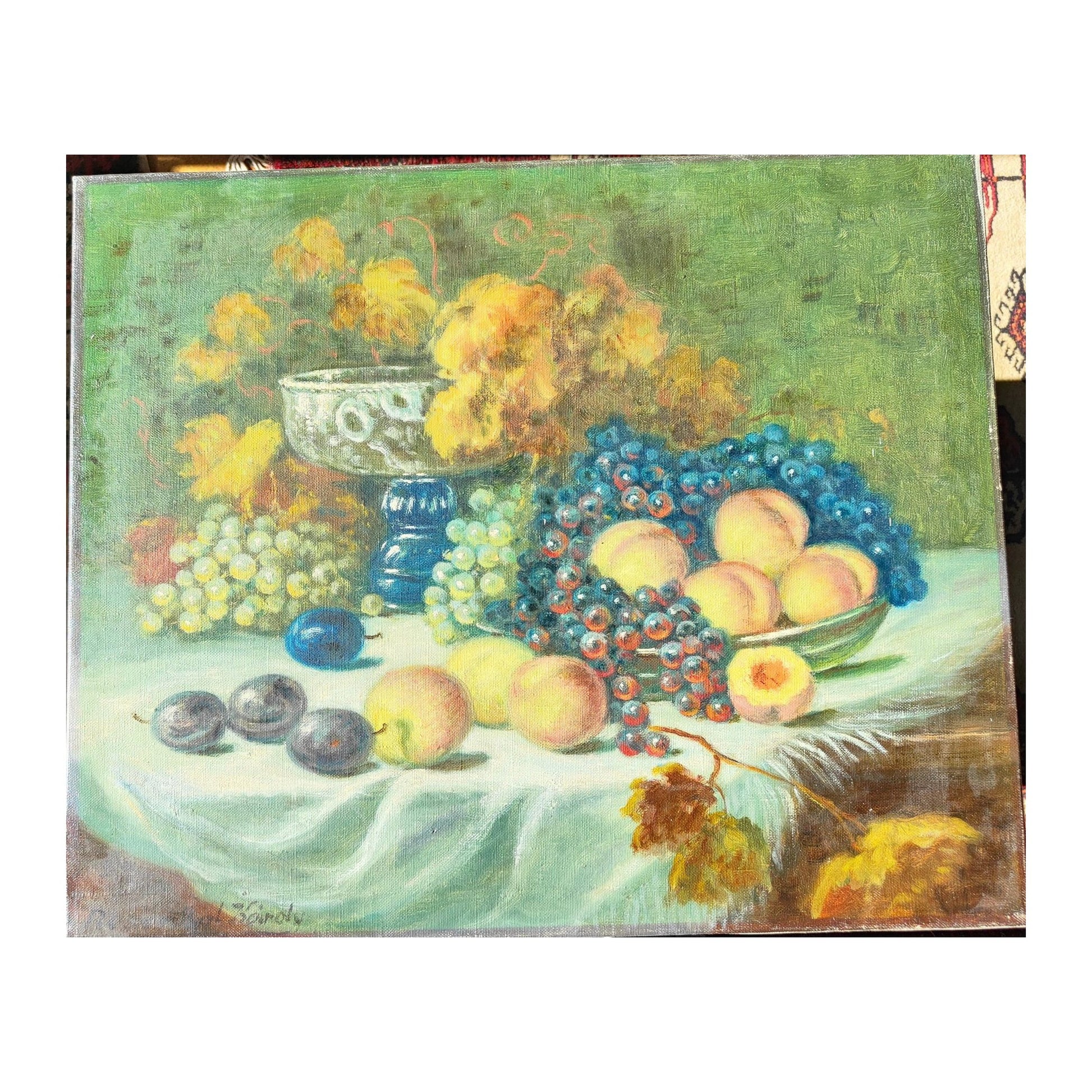 Huile sur toile signée de Karoly Rosenthal représentant une nature morte aux fruits, œuvre originale non encadrée
