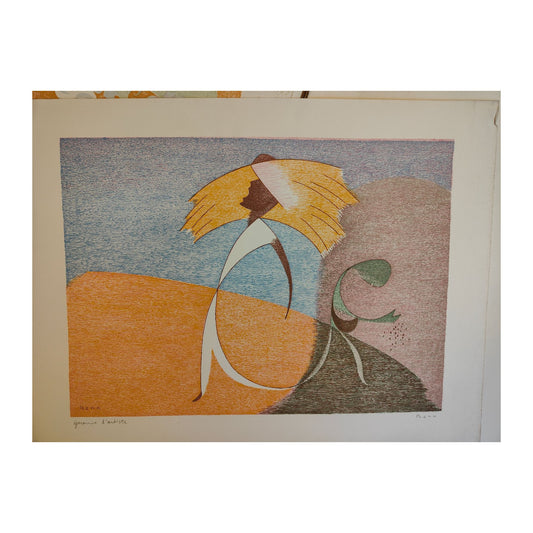 Lithographie Semences et récolte, larmes et joie de BENN (Bentsion Rabinowicz), tirage en couleurs sur vélin d’Arches, signée au crayon, épreuve HC non encadrée.