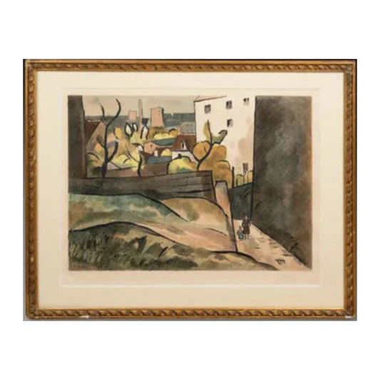 Lithographie en couleur Automne de Louis Robert Antral, signée, numérotée 7/25 et dédicacée en 1927, œuvre chaleureuse et encadrée avec soin.