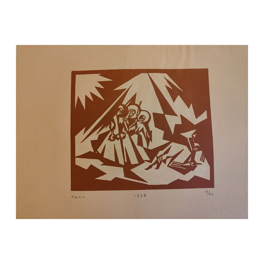 Lithographie monochrome La Crèche de Benn, signée et numérotée 19/75, datée 1928, estampe rare au graphisme délicat et au thème spirituel.