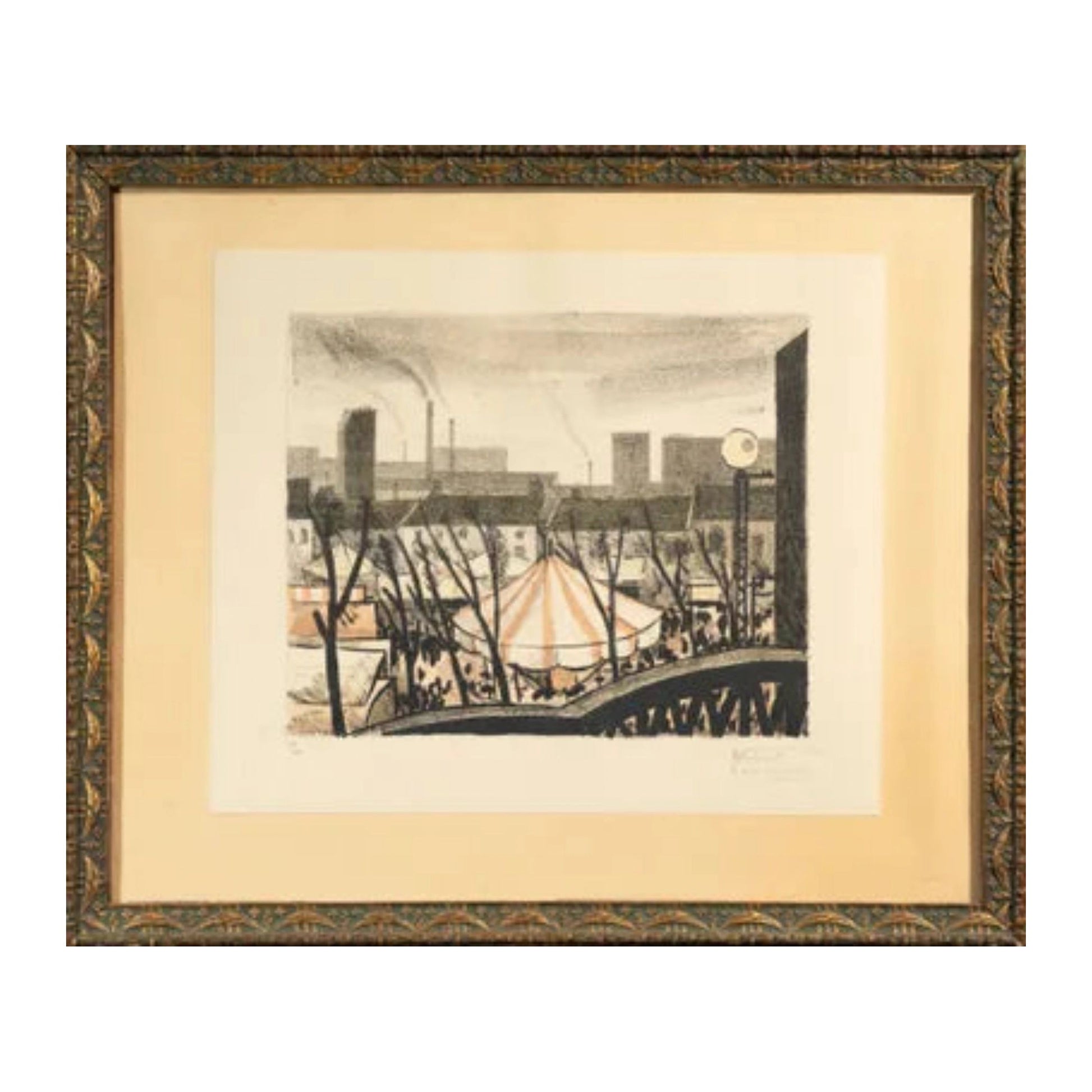 Lithographie originale Fête foraine – Manège de Louis Robert Antral, signée et numérotée 7/25, tirage en couleur vibrant, œuvre encadrée élégante et festive.