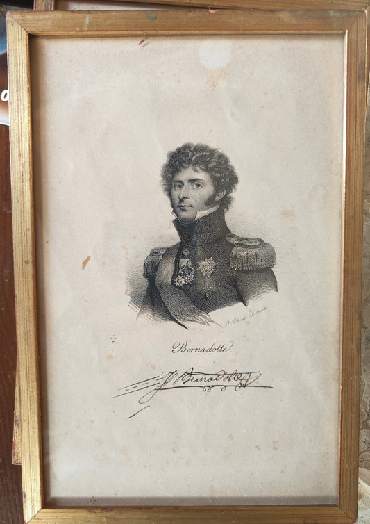 Lithographie originale par Delpech représentant Jean-Baptiste Bernadotte, roi de Suède et de Norvège (Charles XIV), œuvre ancienne encadrée, 17,3 × 25,5 cm.