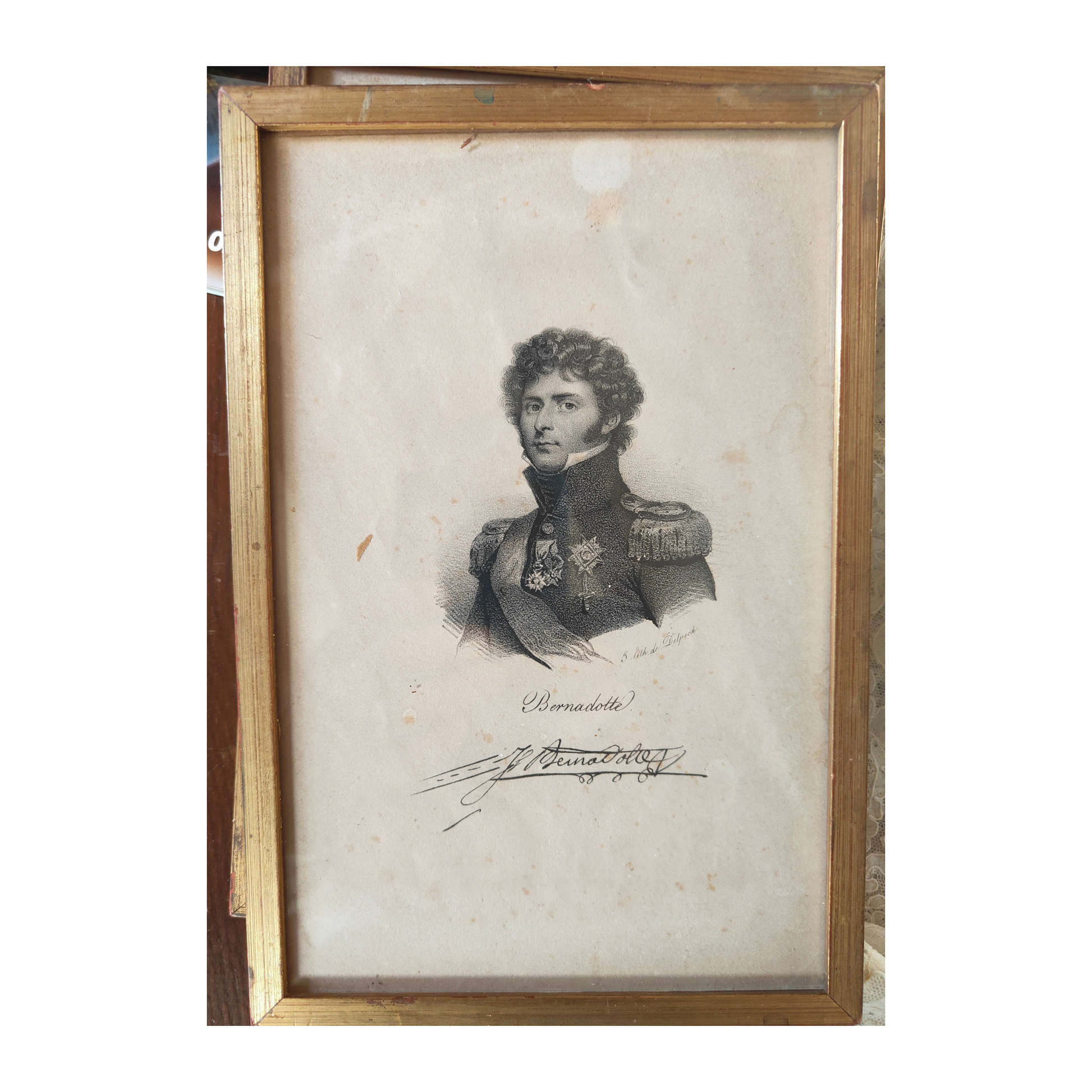 Lithographie originale par Delpech représentant Jean-Baptiste Bernadotte, roi de Suède et de Norvège (Charles XIV), œuvre ancienne encadrée, 17,3 × 25,5 cm.