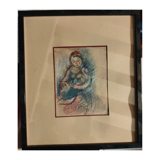 Pastel original Maternité attribué à Michel Kikoïne, non signé mais mentionné au dos, œuvre expressive aux tons délicats, idéale pour collection d’art moderne.