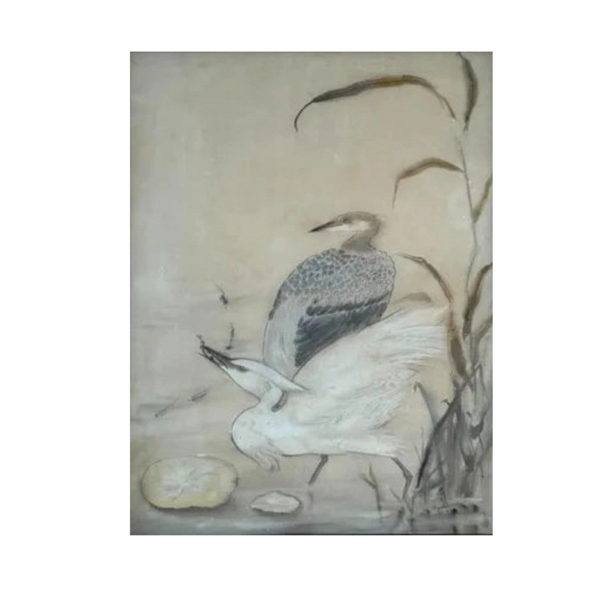 Peinture sur soie Deux échassiers de Shunko Deshima, œuvre signée et datée 1930, composition élégante et fine, pièce d’art japonaise rare et recherchée.