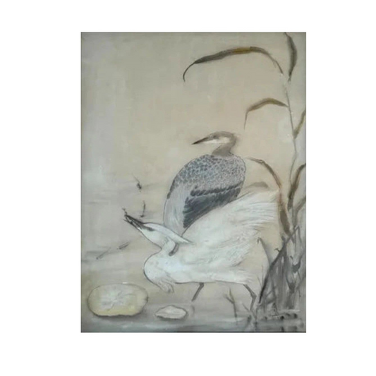 Peinture sur soie Deux échassiers de Shunko Deshima, œuvre signée et datée 1930, composition élégante et fine, pièce d’art japonaise rare et recherchée.