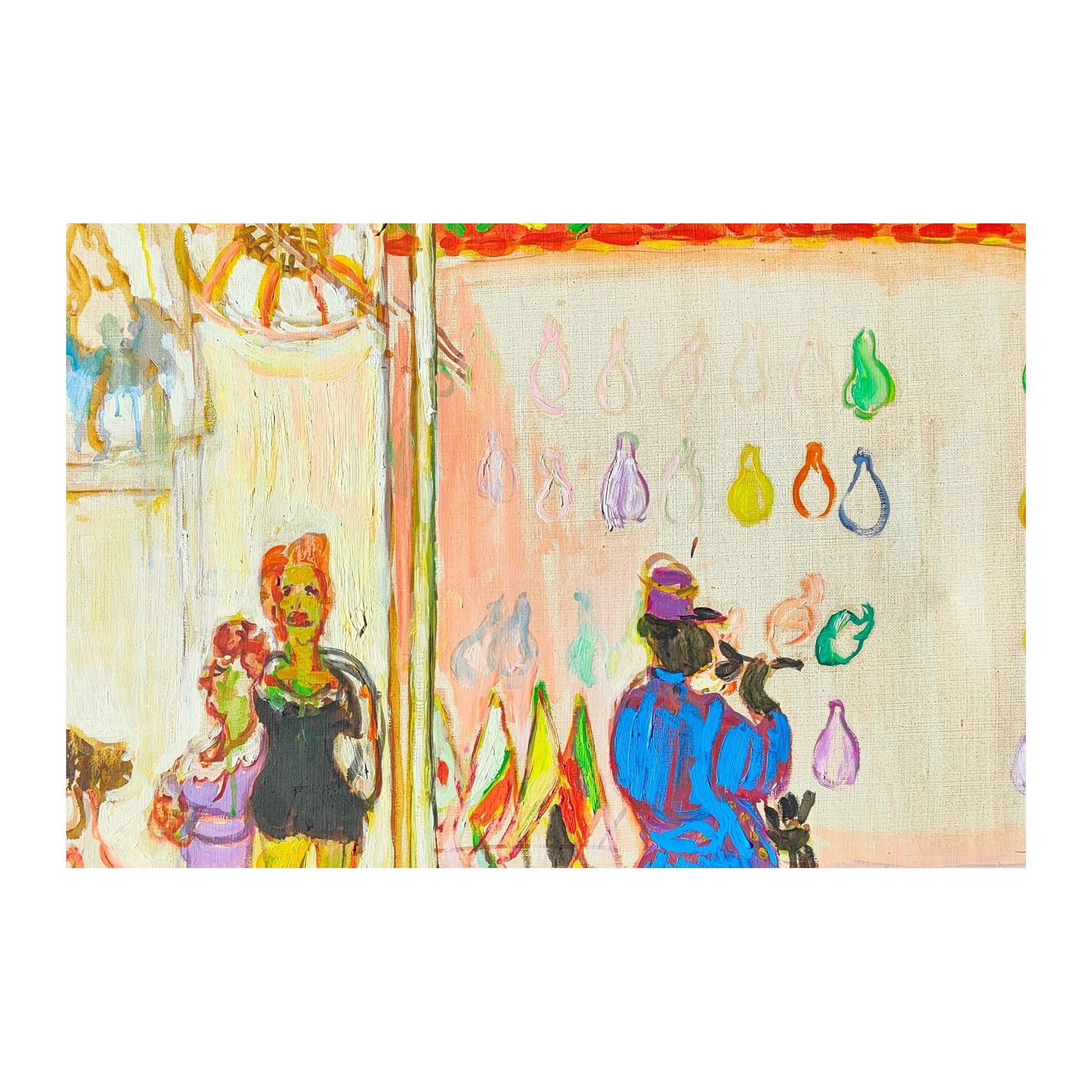 Grande huile sur toile signée de Pincas Moreno intitulée Le Peintre, représentant un artiste au travail, œuvre encadrée au style moderne et expressif