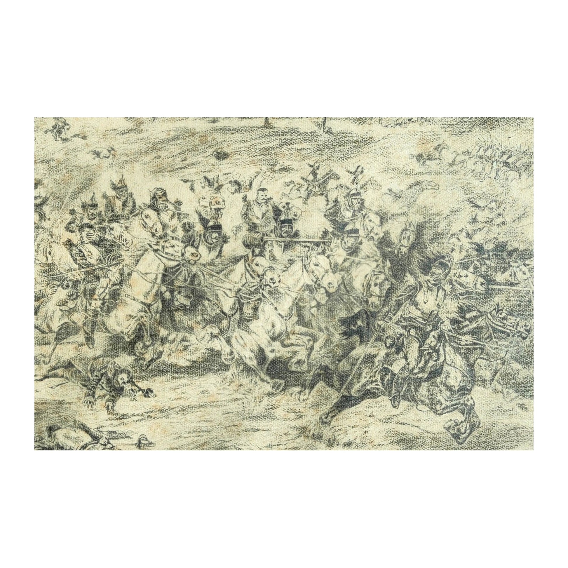 Grand dessin au crayon représentant une charge de cavalerie datée du 18 décembre 1916, scène militaire de 1916 dans un encadrement soigné