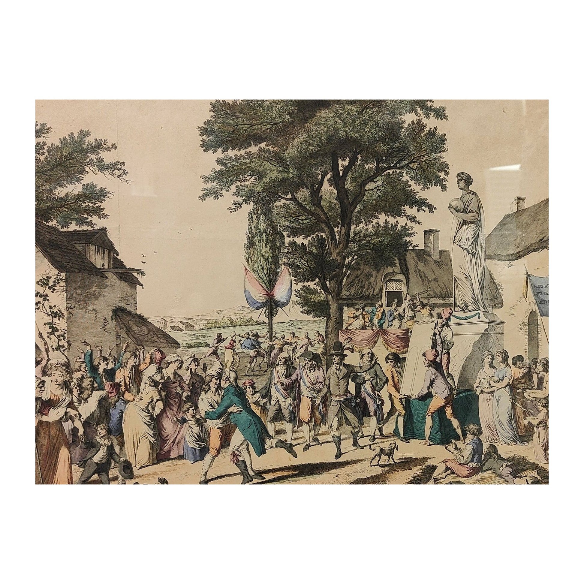 Grande gravure colorisée de la Fête de la Vieillesse, Fructidor An III, d’après Pierre-Alexandre Wille, estampe historique de la Révolution française encadrée sous verre (83 × 75 cm).